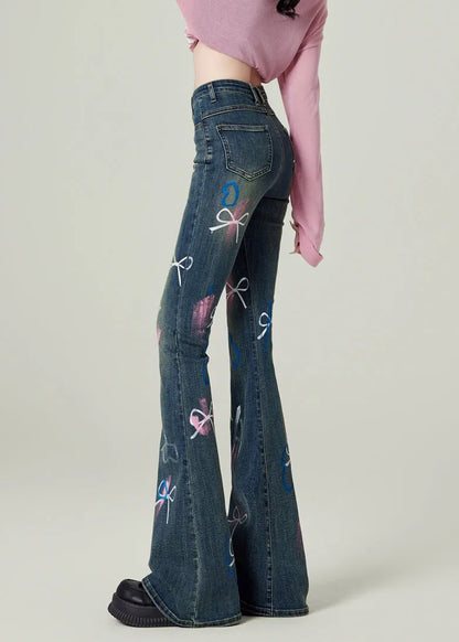 Blue Pockets Bow Print Denim Flared Trousers Spring