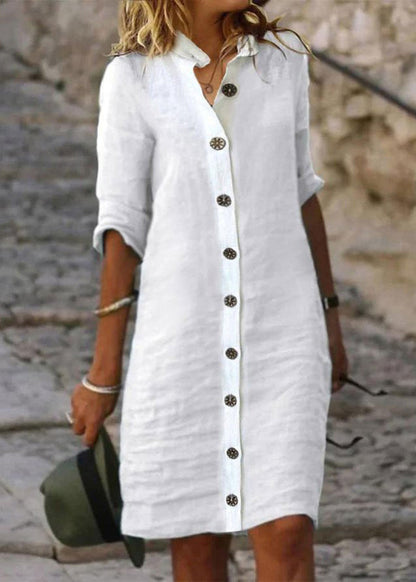 White Stand Collar Button Cotton Shirts Dresses Half Sleeve