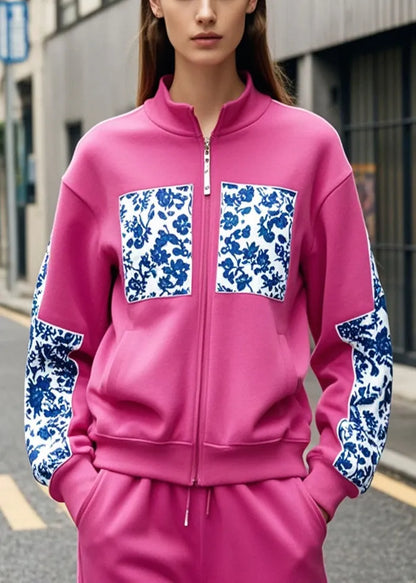 Boutique Rose Stand Collar Patchwork Print Cotton Coat Fall