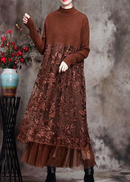 Chocolate O-neck Embroideried Patchwork Fall Long Knit Dress