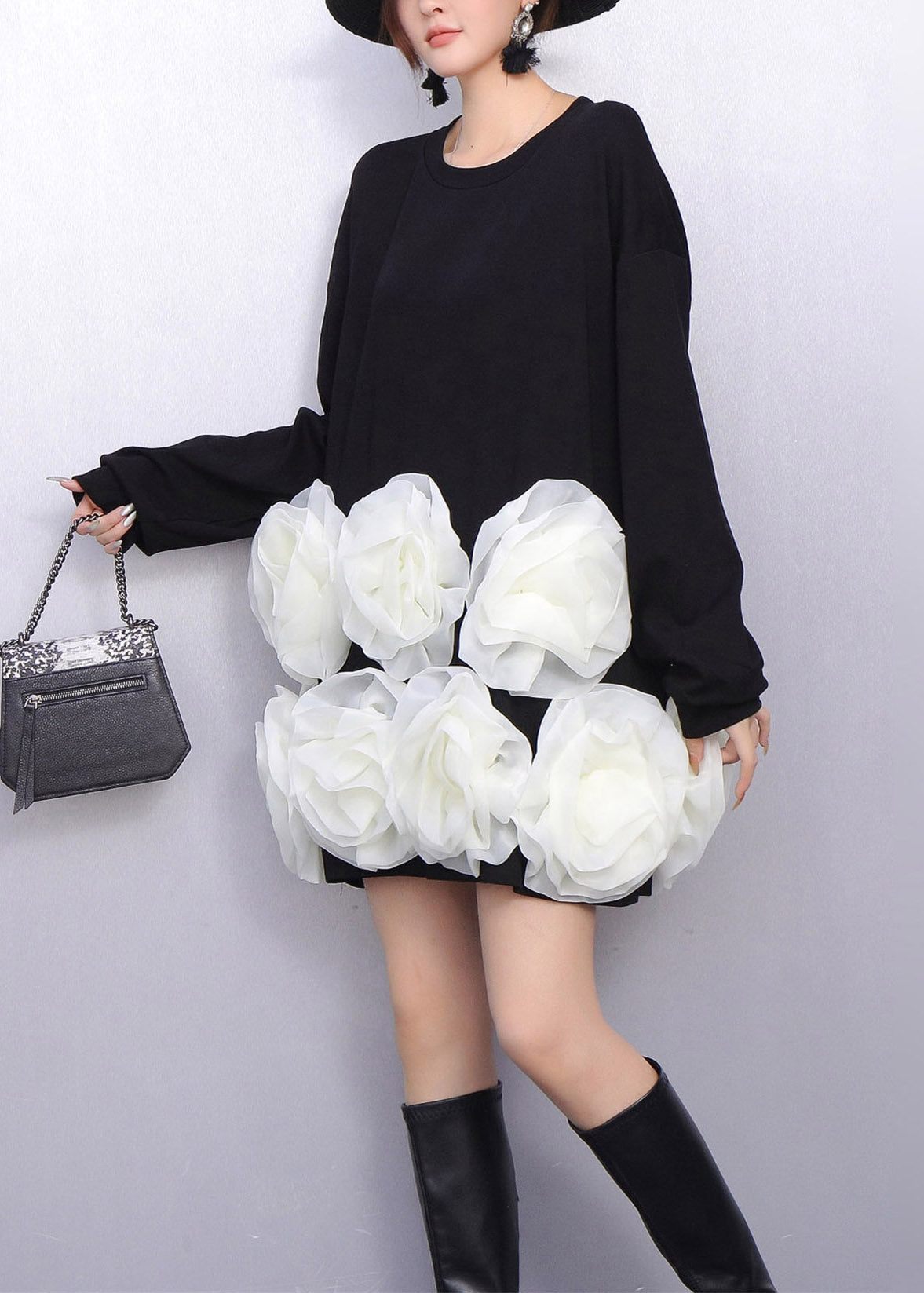 Black Decorated Cotton Mid Dresses Oversized Spring