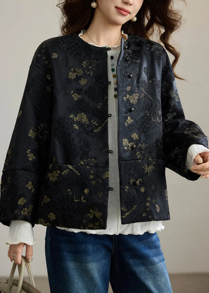 Black Embroidered Patchwork Silk Oriental Coats Spring