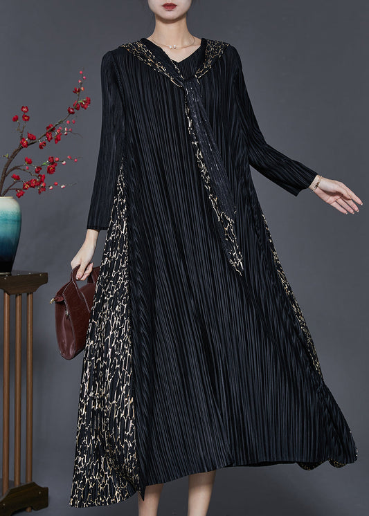 Black Hooded Patchwork Wrinkled Maxi Dresses Spring