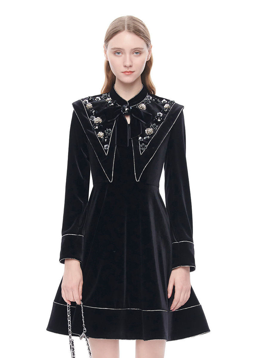 French Black Stand Collar Nail Bead Zircon Velour Dress Spring
