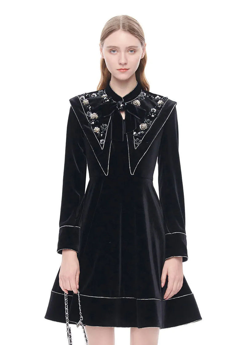 French Black Stand Collar Nail Bead Zircon Velour Dress Spring
