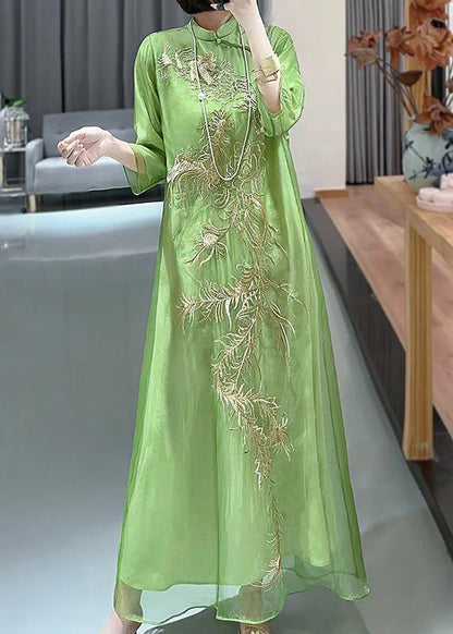 Green Embroideried Button Cotton Blend Long Dresses Spring