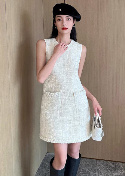 New White O-neck Pockets Cotton Two Pieces Set Fall