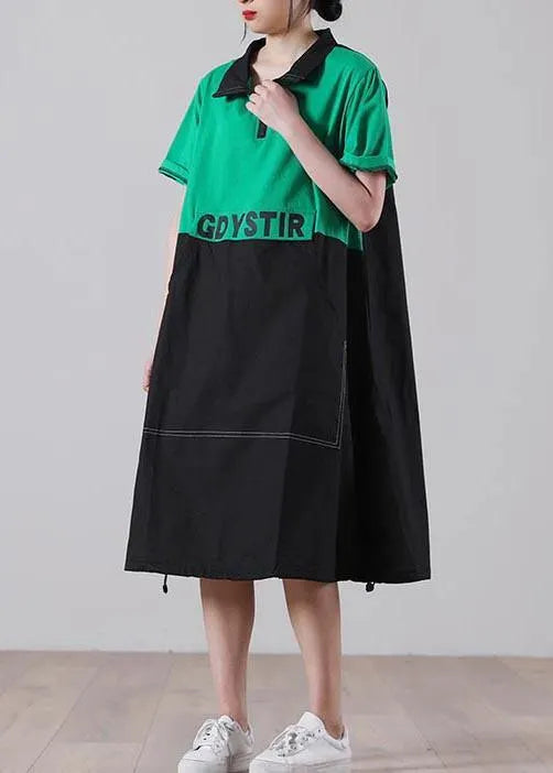 Simple Green Graphic Cotton Pockets Summer Party Dress