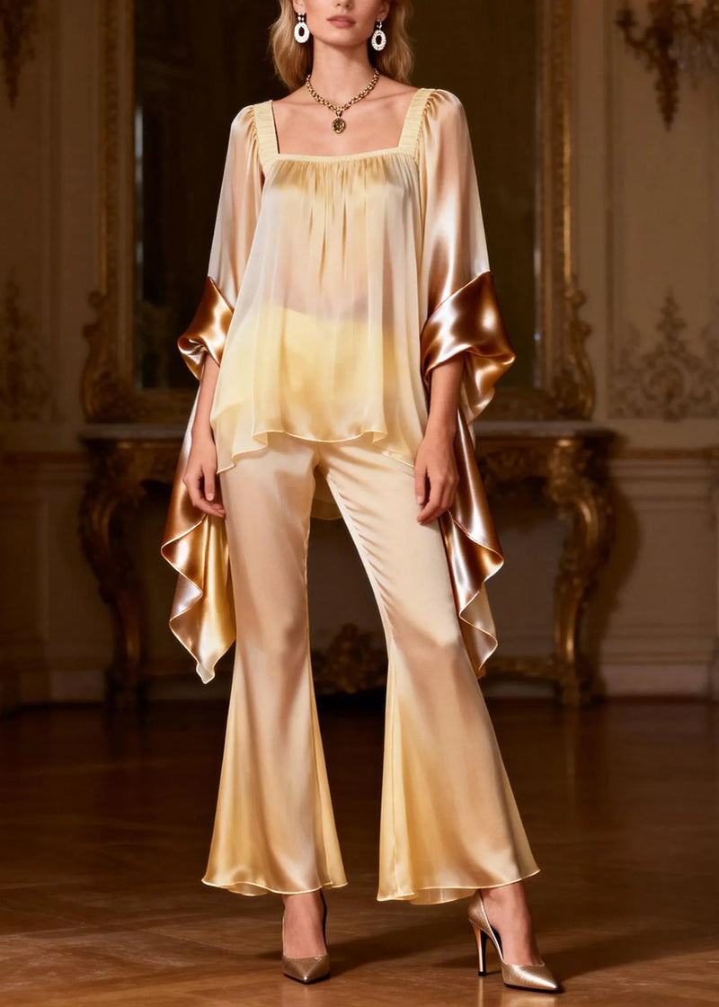 Square Collar Patchwork Silk Two Pieces Set Summer