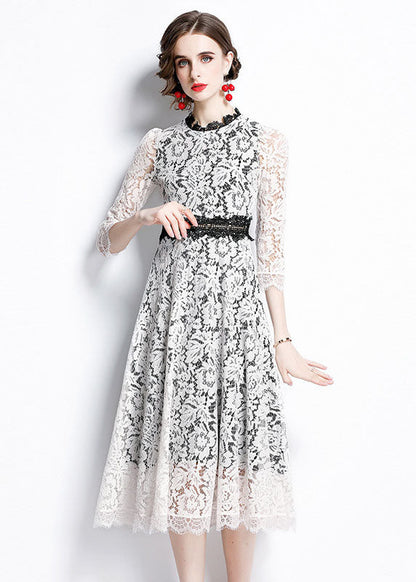 White O-neck Patchwork Lace Party Dress Bracelet Sleeve