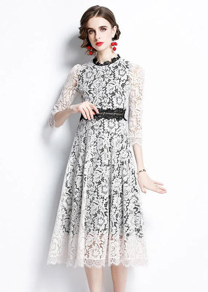White O-neck Patchwork Lace Party Dress Bracelet Sleeve