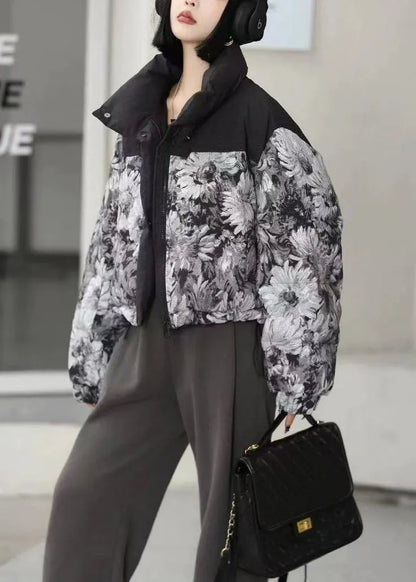Black Oversized Print Duck Down Puffer Jacket Winter
