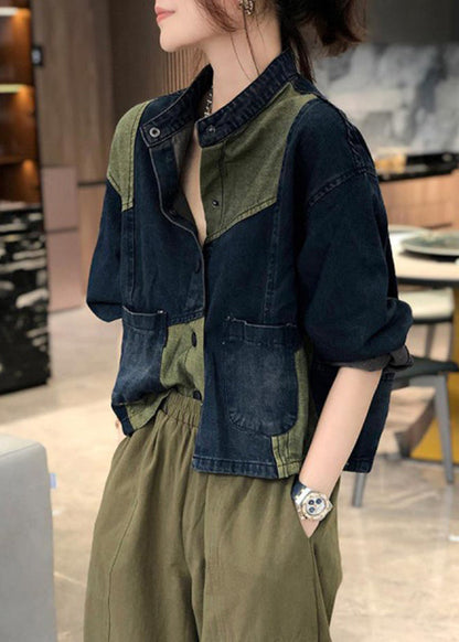 Stand Collar Pockets Patchwork Denim Coats Fall