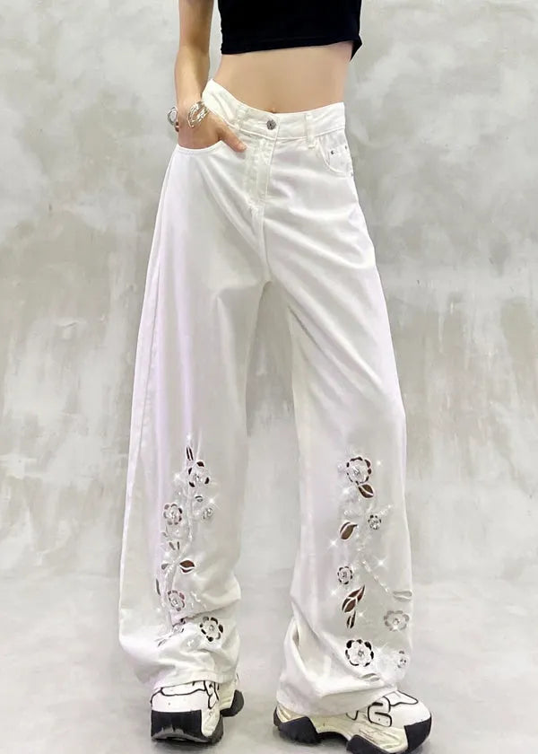 New White Hollow Out Zircon High Waist Denim Pants Summer