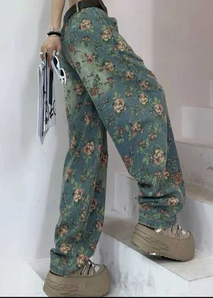 Tea Green Oversized Print Denim Pants Fall