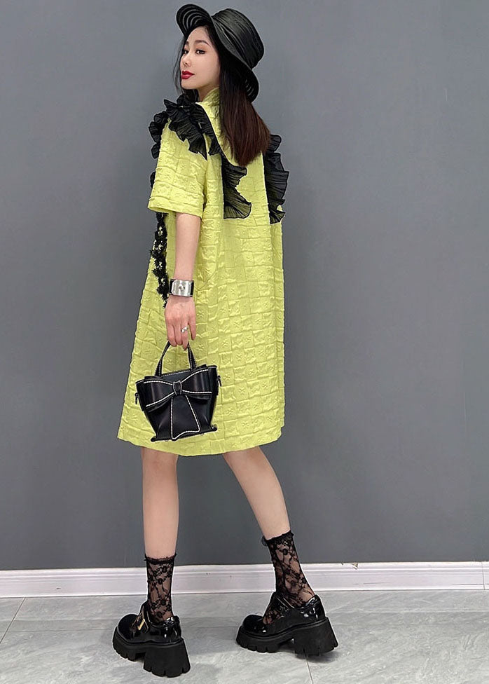 Green Notched Collar Patchwork Ruffles Oriental Button Mid Dresses Short Sleeve