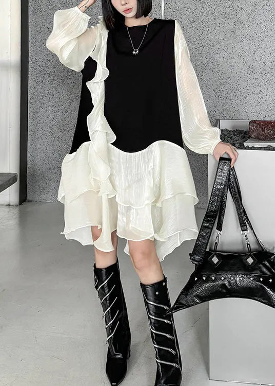 Apricot Ruffled Organza Patchwork Cotton Dress Fall