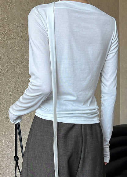 White Fitted Cotton T Shirts Top Wrinkled Long Sleeve