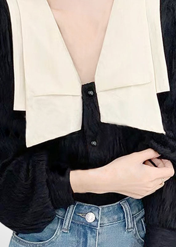 Black Peter Pan Collar Patchwork Original Design Blouses Spring