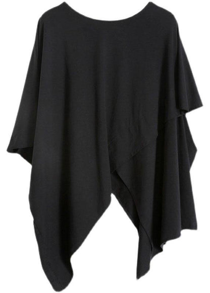 Black Cotton O Neck Asymmetric Tee