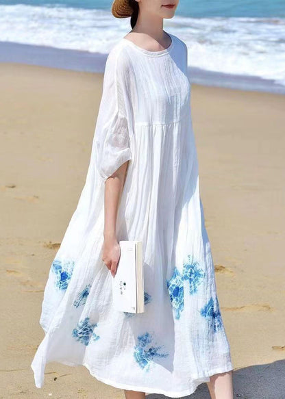 White O Neck Tie Dye Linen Dress Bracelet Sleeve