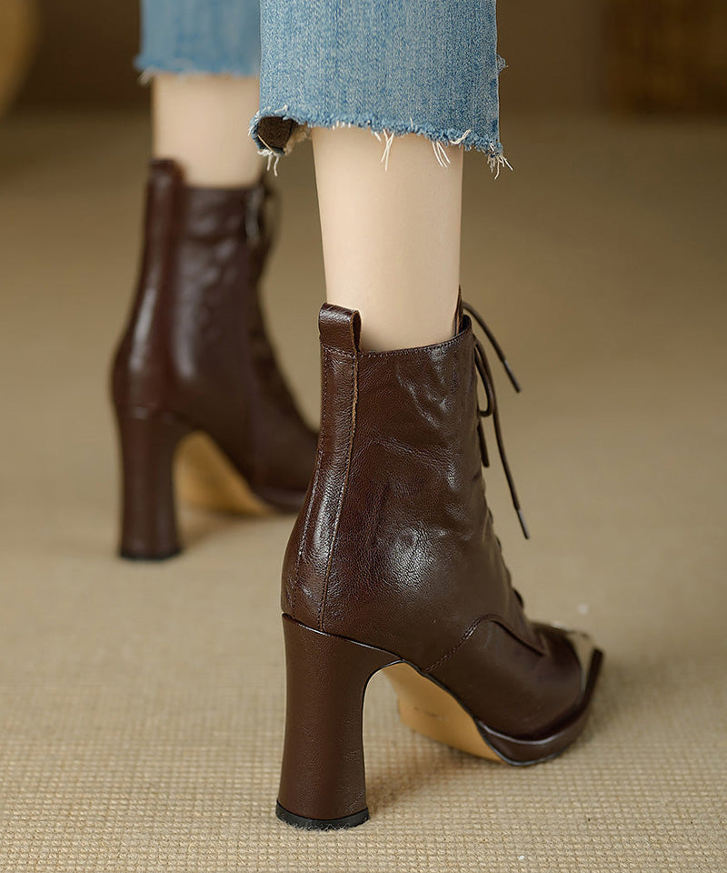 Brown Sheepskin Splicing Chunky Heel Boots Cross Strap