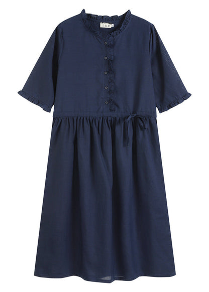 Tibetan Blue Drawstring Ruffled Button Linen Long Dress Half Sleeve