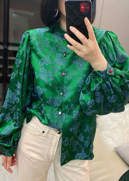 Green Stand Collar Button Jacquard Silk Shirt Lantern Sleeve