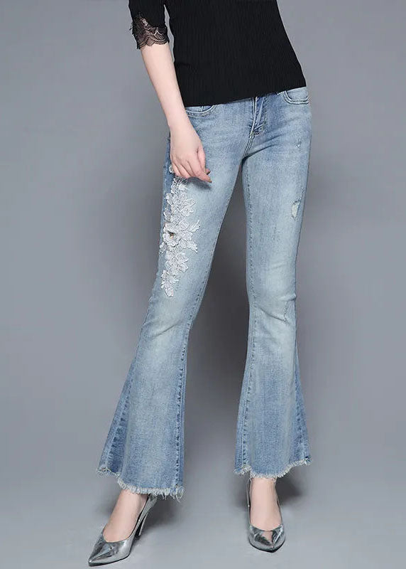 Light Blue High Waist Nail Bead Applique Cotton Denim Flare Pants Summer