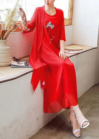 Loose Red O Neck Embroidered Chiffon Two Pieces Set Half Sleeve