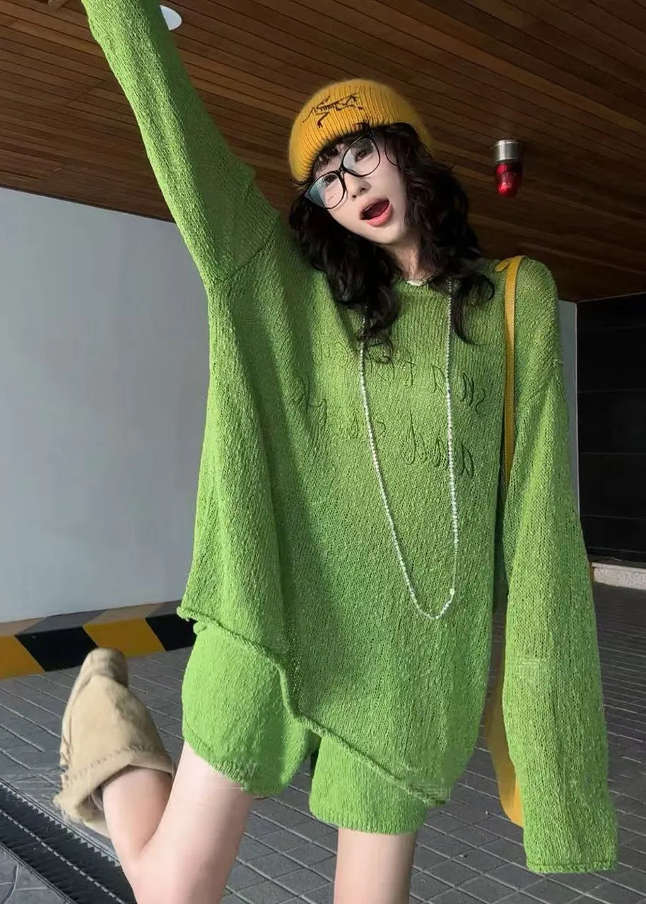 Grass Green Embroidered Letter Knit Two-piece Set Spring