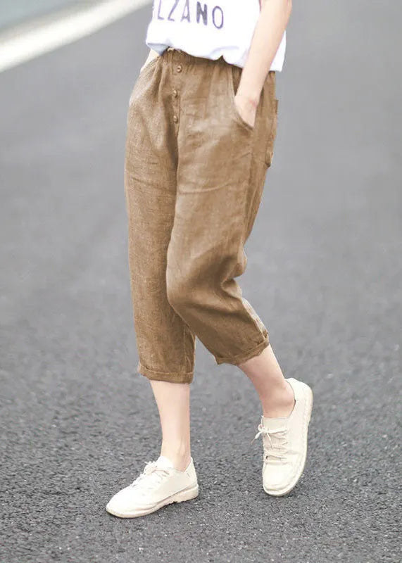 Denim Blue Pockets Patchwork Linen Crop Pants Summer