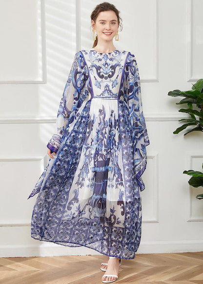 Blue O-neck Print Chiffon Maxi Dress Cloak Sleeves