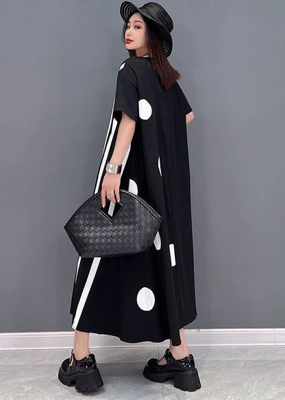 Black O-neck Asymmetrical Cotton Maxi Dresses Short Sleeve