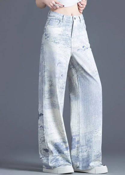 Blue Pockets Tie Dye High Waist Denim Pants Spring
