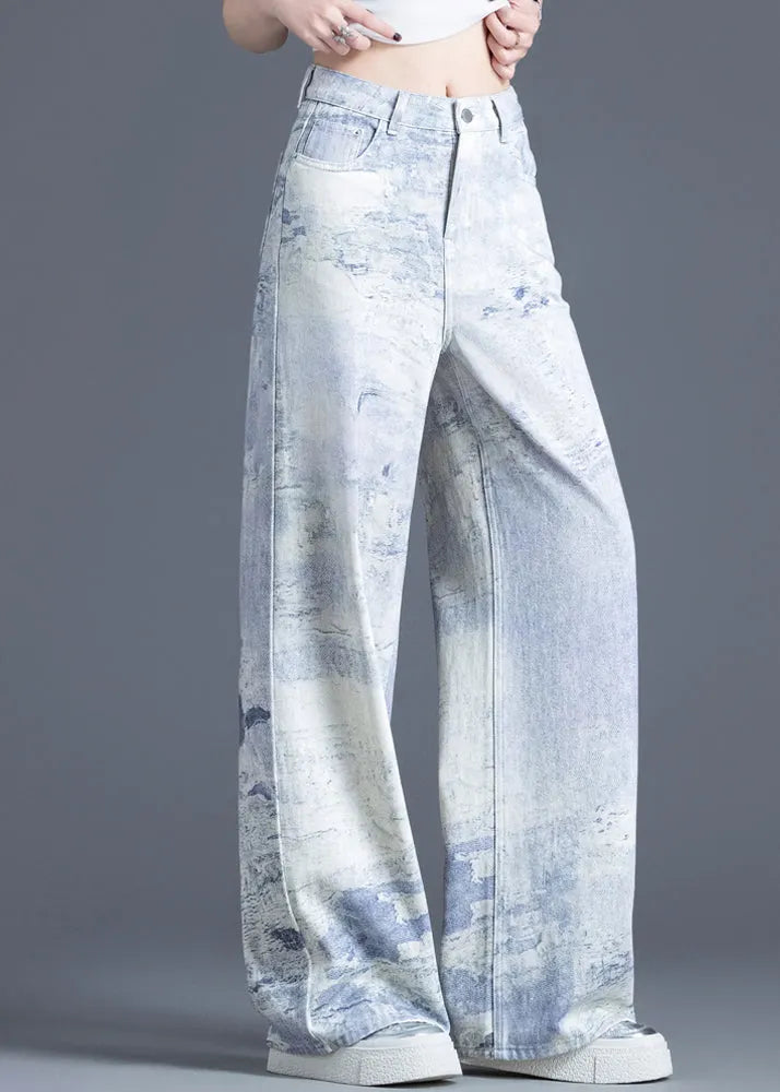 Blue Pockets Tie Dye High Waist Denim Pants Spring