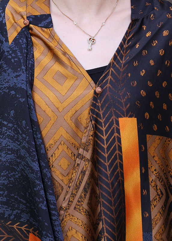 Yellow V Neck Asymmetrical Patchwork Silk Long Dress Half Sleeve