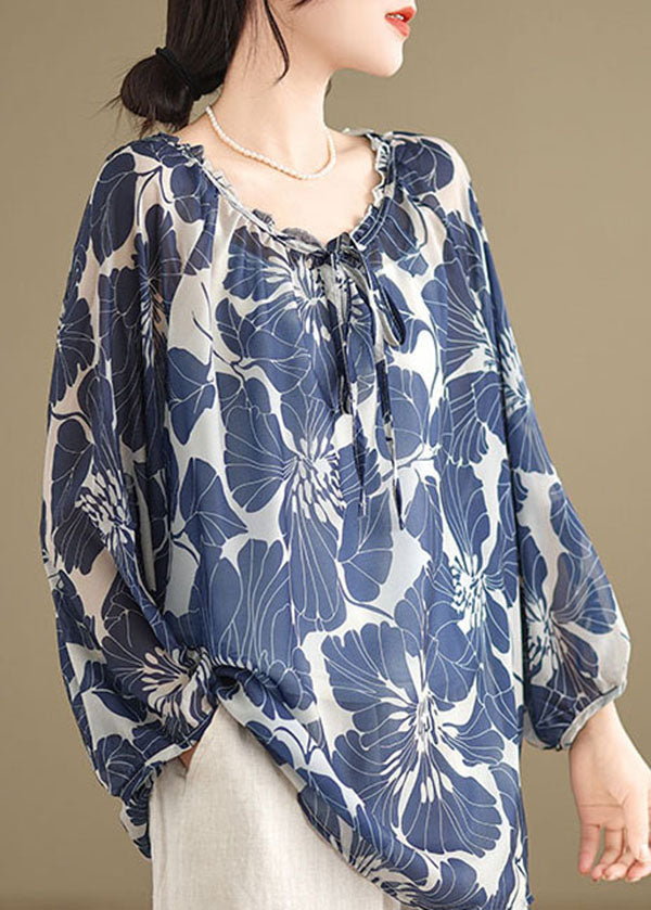 Blue Ruffled Lace Up Print Chiffon Shirt Tops Summer