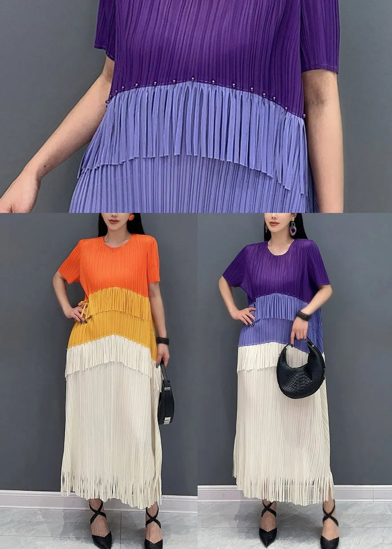 Orange Patchwork Silk Long Dress Tasseled O-neck Summer