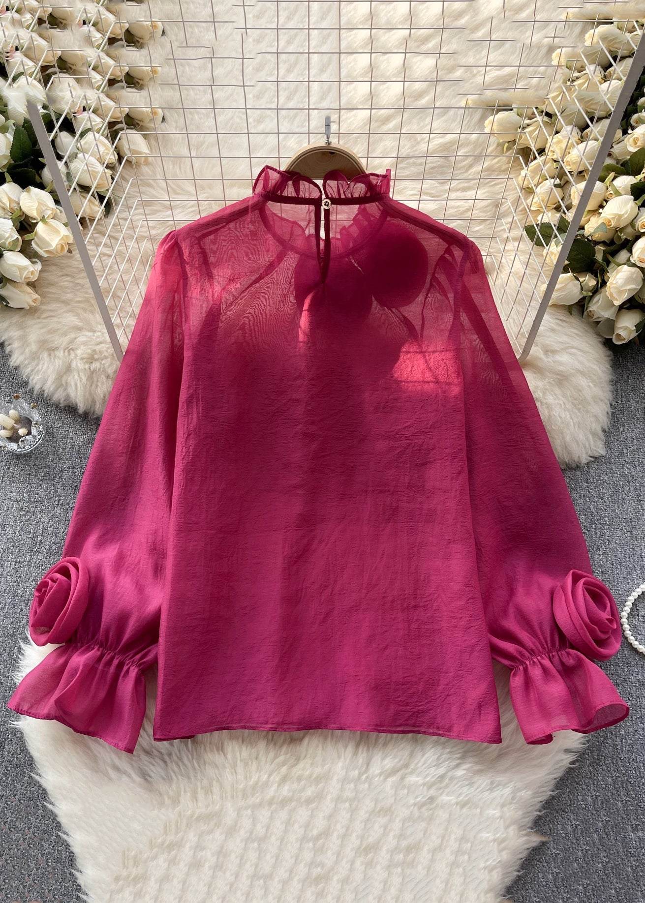 Rose Ruffled Chiffon Tops Long Sleeve