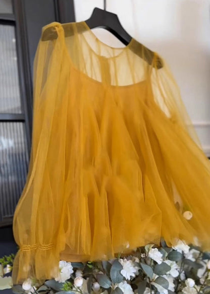Simple Yellow O-neck Tulle Two Piece Set Fall