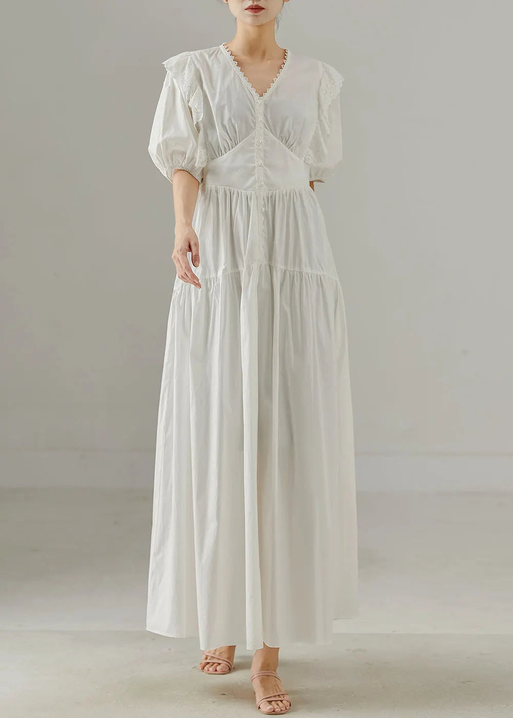 White V Neck Patchwork Cotton Party Dress Summer