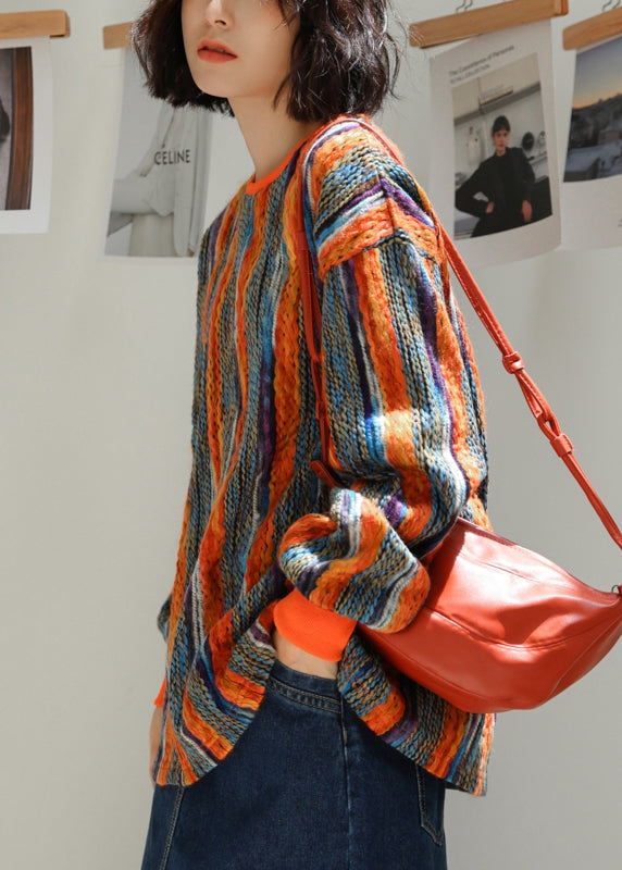 Striped O Neck Patchwork Knitted Cotton Thread Tops Long Sleeve