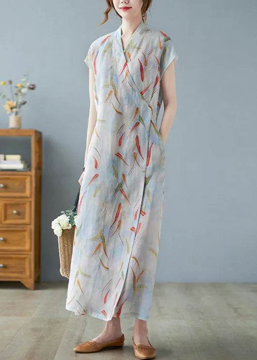 Print Tie Waist Linen Long Dress Summer