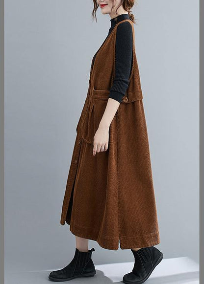 Unique V Neck Sleeveless Cotton Spring Dresses Lnspiration Brown Robe Dress
