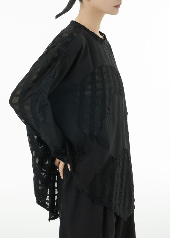 Black Asymmetrical Patchwork Cotton Top Spring