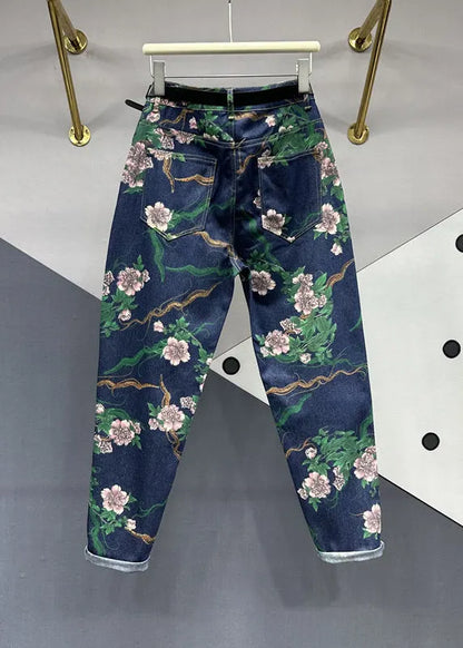 Navy Pockets Patchwork Denim Pants Fall