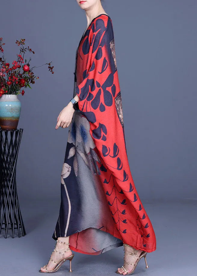 Red Button Bat Wing Sleeve Fall Vacation Dresses