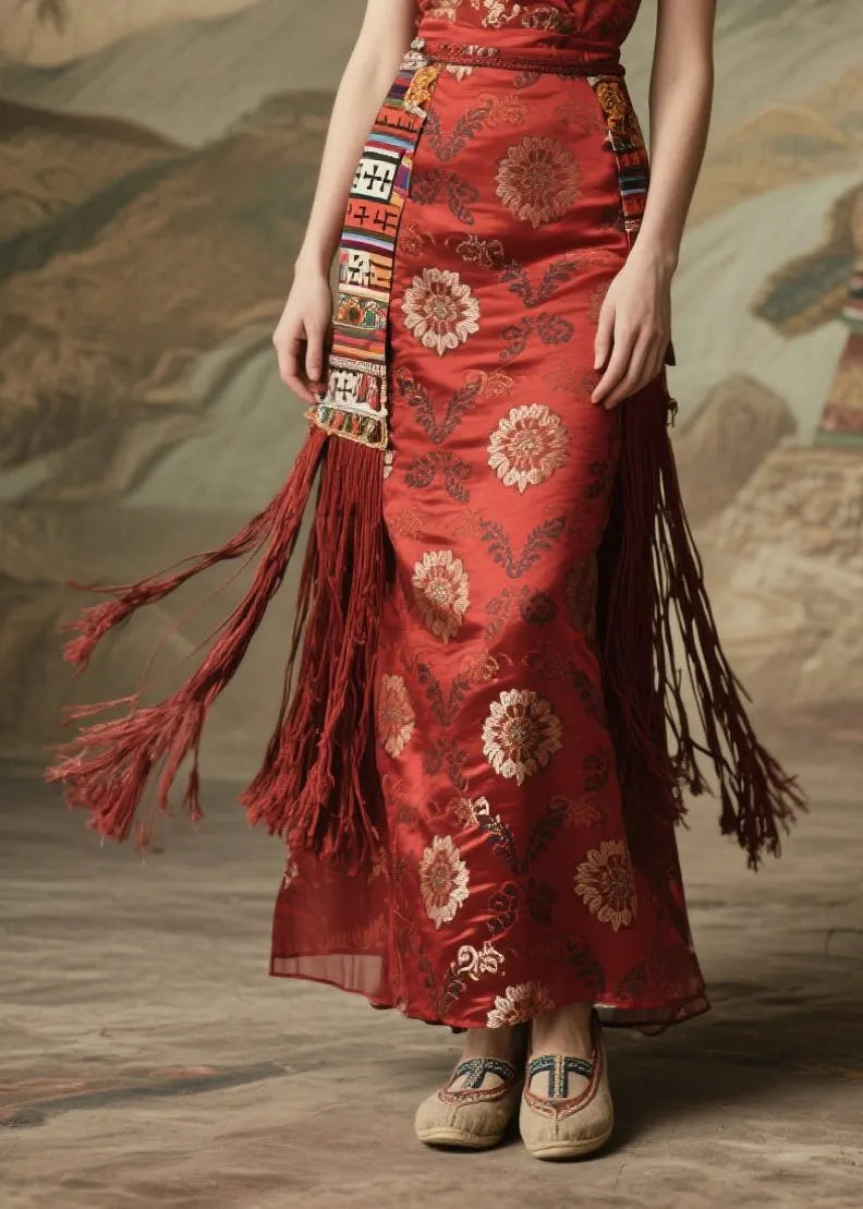 Red Tasseled Print Silk Long Dress Sleeveless