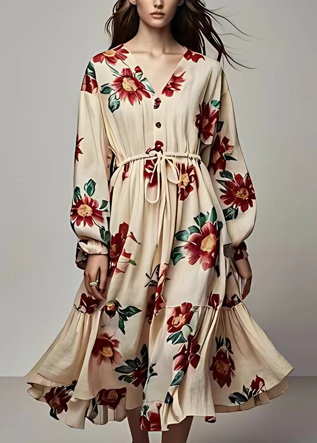 Khaki V Neck Lace Up Print Cotton Maxi Dress Long Sleeve